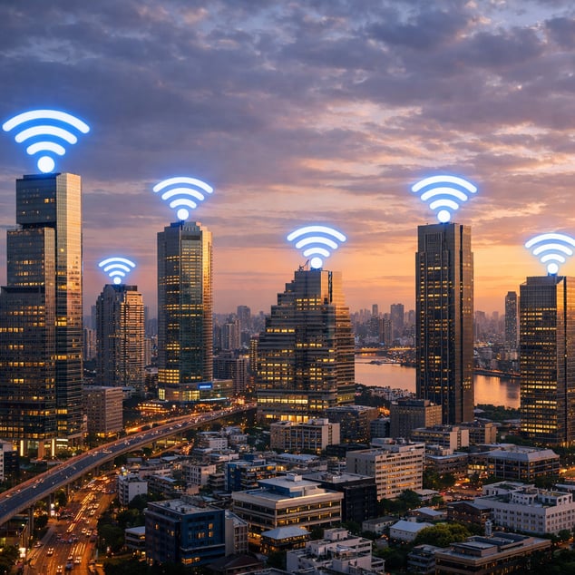Crea una ciudad realista en donde los edificios tengan el smbolo de las redes WIFI en la parte superior las medida de esta imagen son 492 de ancho y 3-1